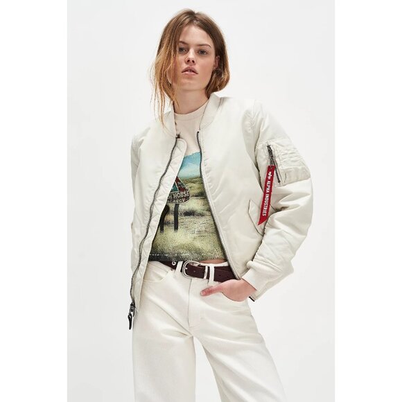 NWT Alpha Industries Women's MA-1 in Dune White Satin Bomber Jacket S - Picture 1 of 11